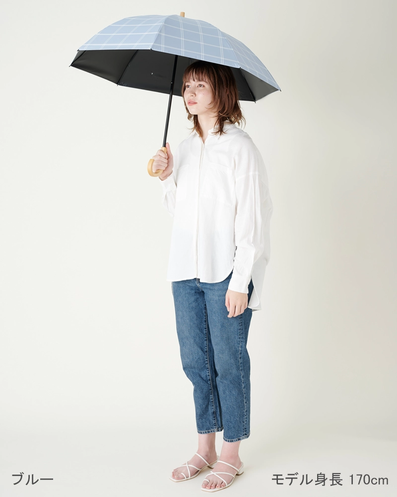 美品⭐️サンバリア100 折りたたみ日傘 ２段折 コンパクト / チェック ブルー 2段折 / チェック | 完全遮光日傘｜サンバリア100